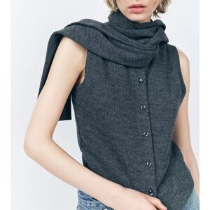 ZARA BUTTONED SCARF KNIT VEST KNOTTED SWEATER